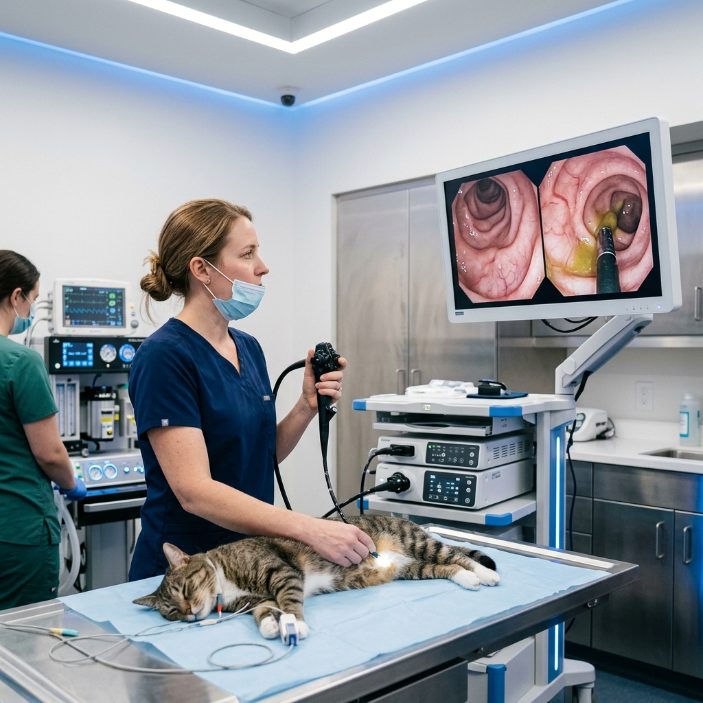 Procedimento de endoscopia veterinária no IRV